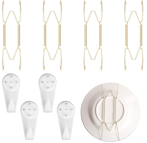 4 ganci per piatti da parete, in acciaio inox, 15-20 cm, a forma di W, con 4 ganci, ganci a molla invisibili, per decorazioni artistiche antiche (dorato)