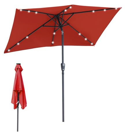Eulenke Sonnenschirm mit LED solar 1.4x2.1m, beidseitig um 30° Kippbar, gartenschirm UV-Schutz Polyester Schirmstoff, Wasserabweisend und schmutzabweisend, Rechteckigschirm ohne Ständer, Rot