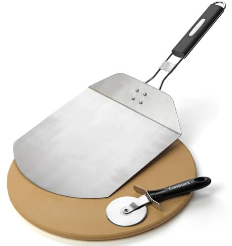Cuisinart Confezione da 3 pezzi per pizza alla griglia | Set pietra per pizza, pala pieghevole e taglierino | Strumento per barbecue resistente