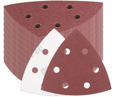 100 Pezzi Carta Vetrata per Levigatrice, Triangoli Abrasivi Delta, Carta Abrasiva con Velcro, 6 Fori, Grana 40/80/120/180/240 Platorelli Abrasivi Triangolari 93 x 93 x 93 mm per Levigatrici Mouse
