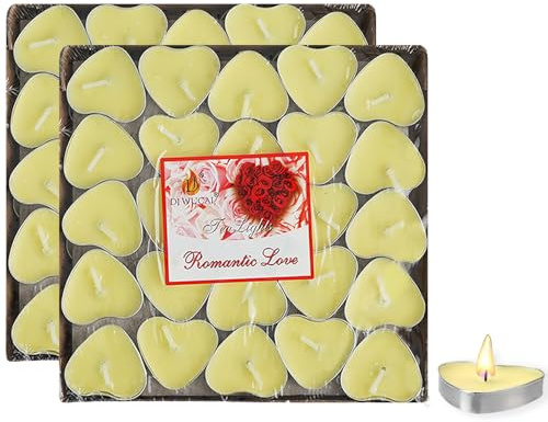 MOAMUN 100 Pack Tea Lights Candles, Heart Shape Tea Candles mini Tealights Bulk Smokeless Tealight Candle for Valentine's Day Wedding Anniversary Christmas Decoration(Yellow)