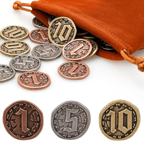 v2croft 30 st metallmynt för brädspel, antika guld silver kopparpolletter | Zinklegering, metallisk klämma, förvaringsväska, ansiktsvärden, bords-RPG, piratfest, spelkväll, skattrekvisita, cosplay