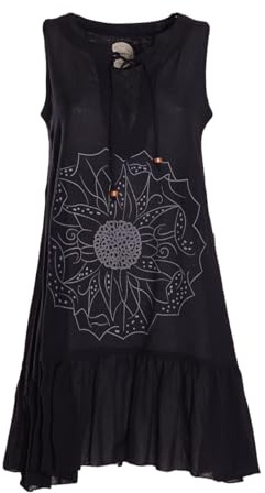 Vishes Alternative Bekleidung - Damen mittellanges Kleid Baumwolle Blumen-Muster Hängerkleid mit Schnürung und Holzperlen schwarz 46