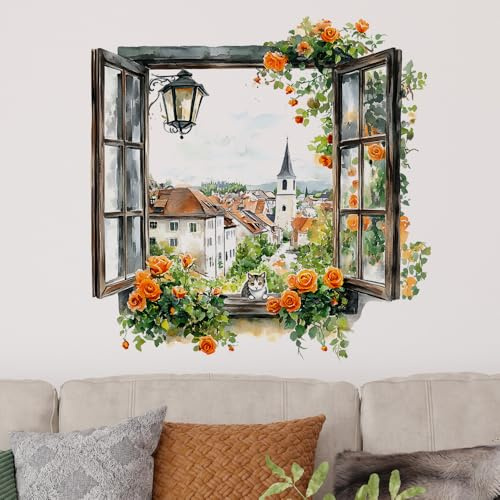 Flaxarne Watercolor Fake Window Wall Decal, European Town View with Orange Roses & Cat Wall Sticker for Bedroom Living Room, Removable 3D Window Effect Vinyl Wall Art