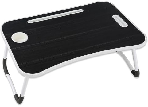 iTrend Laptop Bed Table, Laptop Desk with Foldable Legs & Cup Slot, Portable Tablet Notebook Stand Breakfast Bed Tray with Curved Design Charging Slot & Handle for Sofa, Bed, Terrace, Balcony, Black