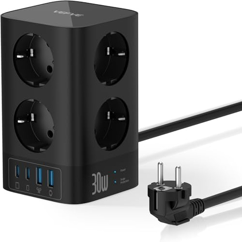 VEFVE Steckdosenturm Mehrfachsteckdose 30W USB C mit Schalter Schwarz | 8 Steckdosen und 4 USB Ports. 30W Power Delivery. 3m Kabel, 4000W und Überspannungsschutz. Ideal für Büro oder Gaming