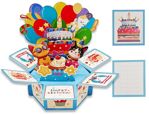 JanYoo 3D Pop Up Karte Geburtstagskarte Katze Grußkarten, Happy Birthday Geburtstag Karte Grußkarte Cards Mit Umschlägen und Karten für Junge Mädchen Familie und Freunden Geburtstagsgeschenk