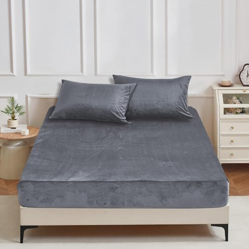 YASMENG Sábana bajera ajustable de felpa de invierno, 180 x 200 cm, color gris, antracita, cálida, de forro polar, 180 x 200 cm, suave y acogedora, de terciopelo, adecuada para colchón de 30 cm