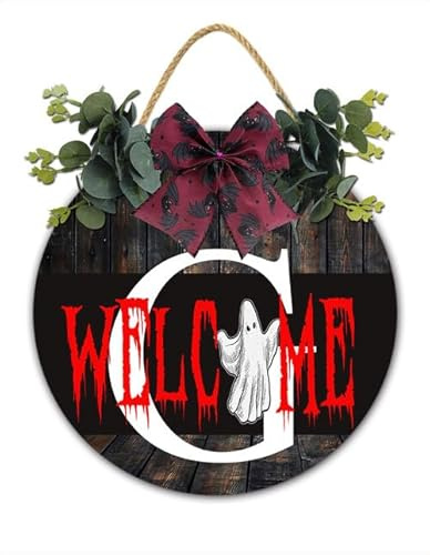 Décorations de porte d'Halloween - Couronne d'Halloween à suspendre - Panneau de bienvenue en bois pour fête, nom de famille - Panneau de bienvenue avec lettre G - 28 cm - Décoration d'intérieur