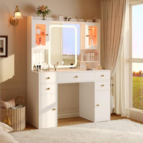 YOUDENOVA Schminktisch mit Beleuchtung und Spiegel, Großer Vanity mit Schubladen & 2 RGB-Glasvitrine, Dressing Table mit Steckdose, Frisiertisch Modern, Weihnachten Geschenke für Mädchen, Weiß
