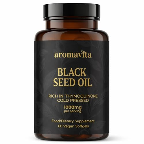 AROMAVITA Black Seed Oil 1000mg Softgels – Cold-Pressed Nigella Sativa-1.8% Thymoquinone, Traditionally Used for Lung, Respiratory & Antioxidant Support* 60 Vegan Capsules, Non-GMO, Gluten-Free