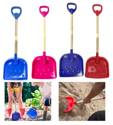 Emiif Pala da neve staccabile per bambini con manico in legno e paletta in plastica, regolabile, 56-81 cm, rosso/blu/rosa, compatibile con giochi invernali all'aperto