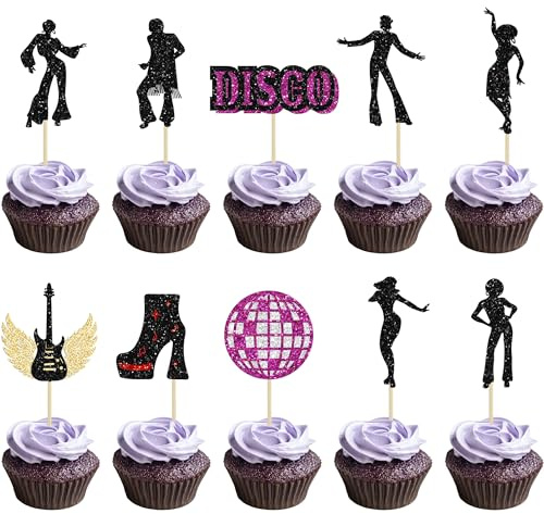 Ephlyn 30Pcs 70's & 80's Disco Dancing Cupcake Toppers Glitter Music Theme Cake Topper Decorations for Music Ball Disco Theme Wedding Birthday Party Decorations Purple