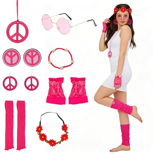 Crunier Hippie Accessoires Damen, Peace Ohrringe, Hippie Haarband, Brille, Peace Kette, HippieE Schmuck, 70er Jahre Vintage Accessoires für Karneval HippieE Party