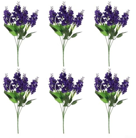 Flores artificiales de lavanda y jacinto, 6 piezas para uso en decoración del hogar y el jardín, material de seda con diseño realista (morado oscuro)