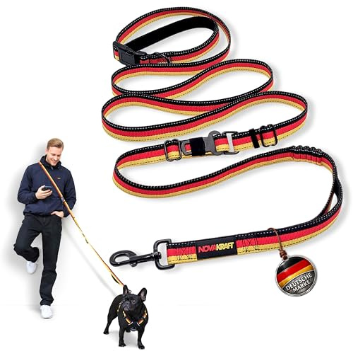All-in-One Hundeleine 3-fach verstellbar 1,8–2,8 m mit Auto-Sicherheitsgurt/Anschnallgurt – Freihand-Umhängeleine, Joggingleine für mittelgroße & große Hunde, reflektierend, Bungee-Dämpfung (Trikolor)
