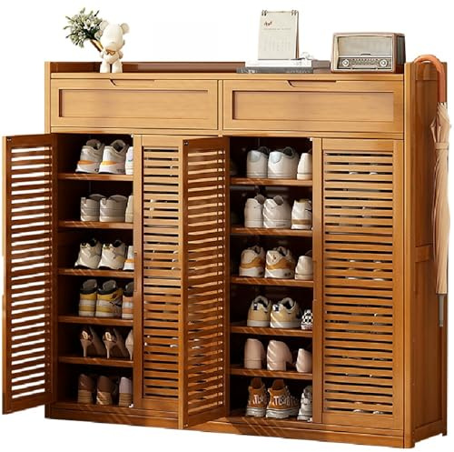 angelfanmily Armario Zapatero de Bambú con 8 Niveles, Mueble Zapatero Estrecho con 4 Puertas, Organizador de Calzado Independiente, Mueble Zapatero para Pasillo Estrecho