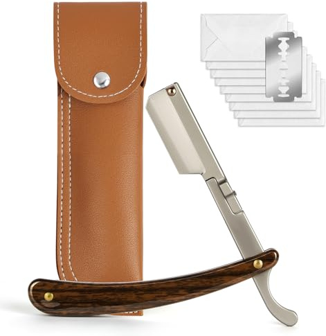 Beugo Rasoir à Barbe Coupe Choux, Rasoir Homme Manuel, Rasoirs de Barbier avec 10 Lames de Rasoirs, Etui Cuir de Transport (Bois - Café)