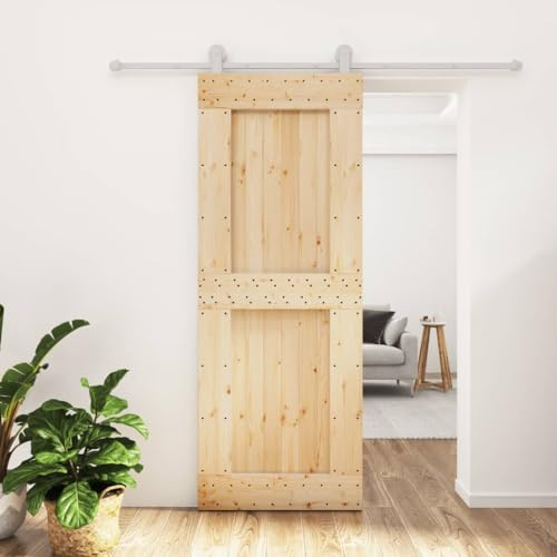 Porta scorrevole con raccordi, porta scorrevole con ferramenta, 80 x 210 cm, in legno massello di pino scorrevole, per sistema di porte scorrevoli e guida a pavimento