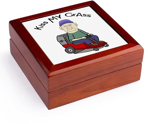 3dRose Funny Cute Old Man on Riding Lawn Mower Kiss my Grass Mowing Pun Jewelry Box 7 x 7 inch with 4 inch tile