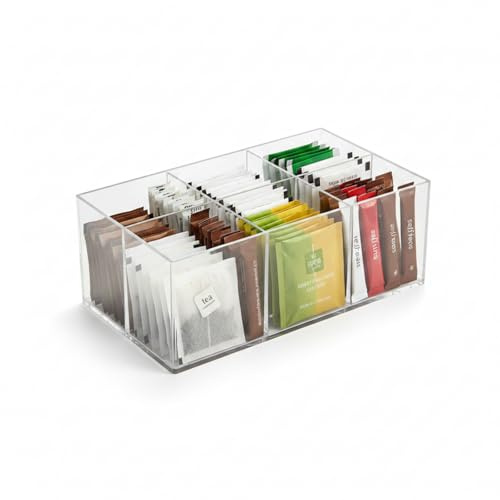 Tea Bag Organiser - PET Plastic Tea Bag Storage & Coffee Pod Storage, 6-Compartment Transparent Tilted Open Design, Coffee Station Organiser for Kitchen Counter Cabinet Organizer