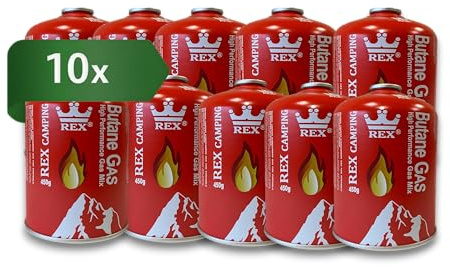 Rex 10x Gaskartusche 450g – Power-Gaskartusche – Gaskartuschen mit Schraubventil EN 417 – Gaskartusche – Isobutan & Propan – Gaskartusche für Gaskocher – Campinggaskartusche – Schraubgaskartuschen