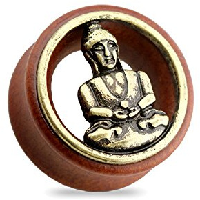 BlackAmazement Flesh Tunnel Plug Inlay Piercing Sono Holz Wood Buddha Buddhismus Herren Damen