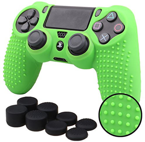 Pandaren® STUDDED silikonskydd halkfri för PS4/SLIM/PRO-kontroll x 1 (grön) + FPS PRO tumgrepp x 8
