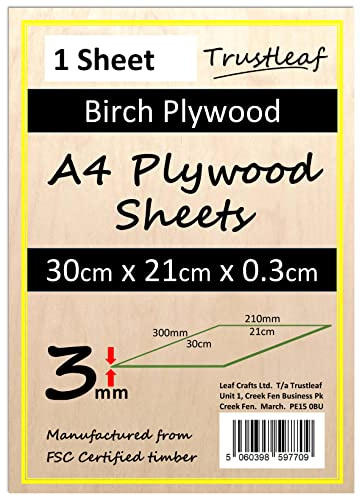 Trustleaf 3mm Birch Plywood A4-300x210x 3mm - (Pack of 1) Laserable Low Fume E1 Glue Ply