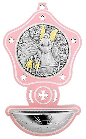 5 Girls Holy Water Font | Guardian Angel Silver Plated Plaque | Beautiful Gold-Tone Accents | Great Catholic Gift for Baptism | Religious Nursery Home Décor