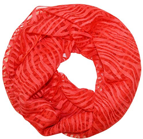 thb Richter Damen Loopschal Schlauchschal Rundschal Blumen Sonnenblumen Muster mit Spitzen unifarben einfarbig Frühling Sommer Schal Uni Farben Spitze Fünf-Blätter Zebrastreifen Anker (Zebra - Rot)