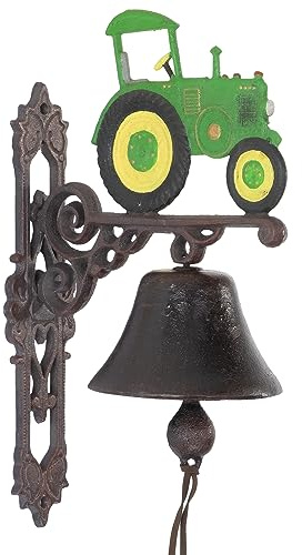 Moritz Gußeisen Wandglocke Traktor Trecker gelb grün Glocke Türglocke 37 cm Höhe Hausglocke antik Stil braun Klingel Verziert