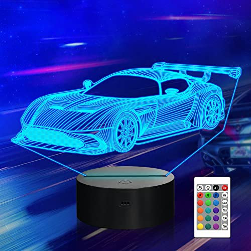CooPark Lámpara carro 3d, cool LED Óptico Holograma Luz de noche 16 colores cambian con control remoto, decoración de la habitación de los niños Regalos creativos para niños niñas