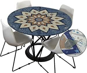 Morbuy Tischdecke Outdoor Rund 100 cm, Elastisch Rund Abwaschbar Tischdecken Wasserabweisend Lotuseffekt Garten Tischdecke Blau Mandala Table Cloth, Ideal für 80cm-90cm