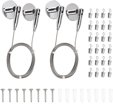 UFURMATE Wäscheleine Kit, 2 Set Edelstahl Vorhang Drapierung Drähte Wandhalterung Bild Hängendes Seil Silber Tension Wire Kit mit 24 Stück Haken Clips zum Aufhängen von Kleidung, Fotos (3M)