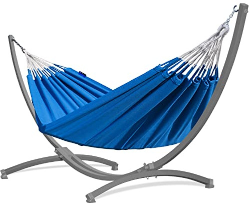 Potenza Outdoor Hängematte mit Gestell für 2 Personen I Medelin - 100% Baumwolle Doppelhängematte 220x140, 160kg I Hängemattengestell 220kg, wetterfest (Ice Blue, Gestell Grau)