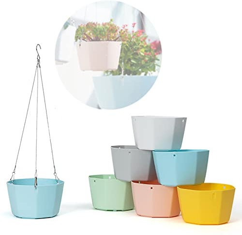 WKLSSRH 6Pcs Blumentopf Hängend Balkon Blumenampel, Kunststoff Hängekorb Hängende Hängetöpfe mit Kettenhaken für Pflanzen Blumen Kräuter (6 Farben) (S)