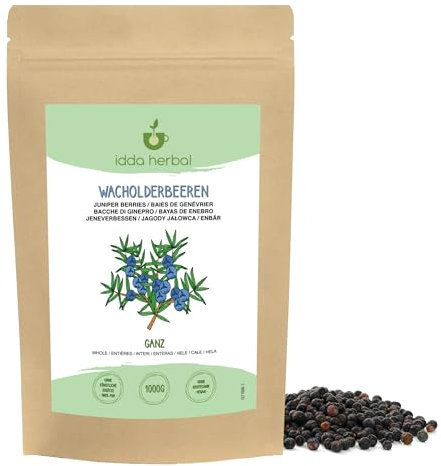 IDDA Herbal Bayas de Enebro Secas 1kg, Bayas de Enebro Deshidratadas sin Azúcar, Snack de Fruta