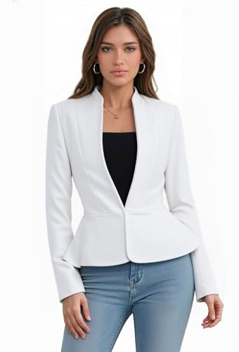 Hybrid & Company Women's Casual Work Office Elegant Open Front Premium Nylon Blazer Jacket JK1135 1073T White S