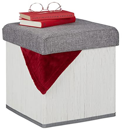 Relaxdays Sitzhocker mit Stauraum, gepolstert, faltbar, Bambus, Stoff, HxBxT: 36 x 35 x 35 cm, Sofahocker, weiß/grau