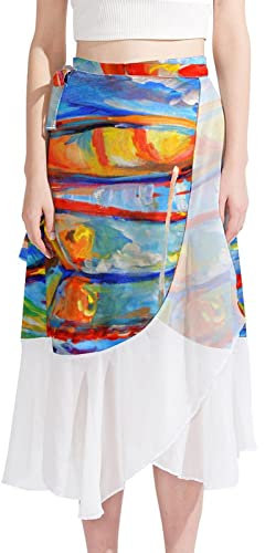 Women Swimsuit Cover Up Short Chiffon Colorful Boat Painting Summer Beach Sarong Bikini Wrap Skirt Bathing Suit Multicoloured
