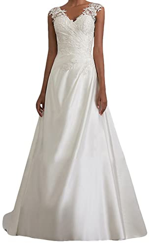 YOUCAI Robe de Mariée Femme Longue Col en V en Dentelle Taille Empire sans Manches Robe de Soirée Robe de Mariage en de Bal