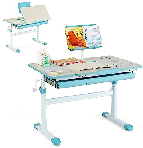 DREAMADE Kinderschreibtisch höhenverstellbar, Schülerschreibtisch neigungsverstellbar, Schreibtisch Kinder, Jugendschreibtisch mit Bücherständer und Schublade (Blau)