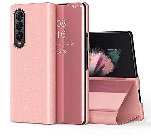 QIWEIQING Compatible with Samsung Galaxy Z Fold 2 Cell Phone Case Clear View Mirror Flip Cover PU Leather with Kickstand Protective Cover Cases for Samsung Z Fold 2. Mirror Rose Gold QH