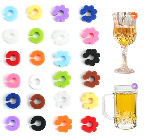 BIVOFU 24 PCS Segnabicchieri Silicone, Segnabicchieri Calici, Marcatori per Bicchieri Vino Colorati Riutilizzabili Marcatori, per Bicchiere Champagne, Bicchiere da Cocktail, Bicchiere da Martini
