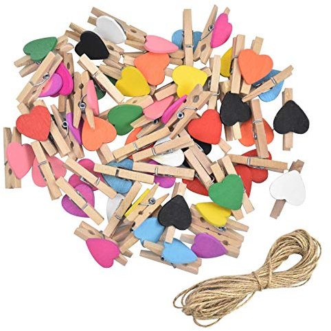 50 Pinzas Clips de Fotos, Clips de Madera para Fotos Pinzas de Madera Decorativas, Mini Pinzas Ropa con Forma de Corazón de Colores, con 10M Cuerda de Yute