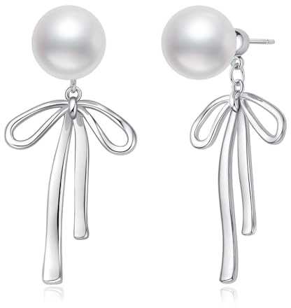 STAYLOVE Small Silver Bow Ribbon Pearl Earrings for Women Trendy 925 Sterling Silver Post lightweight 14k Real Gold Plated Bow Drop Dangle Earrings for Women