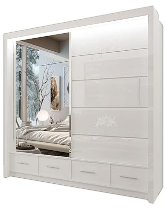 Style Heaven Modern High Gloss Sliding Door Wardrobe for Bedroom,2&3 Mirrored Sliding Doors wardrobes 11 Adjustable Shelves &1Hanging Rail,made of MDF Chipboard,aluminium Handles Sycilia(208cm White)