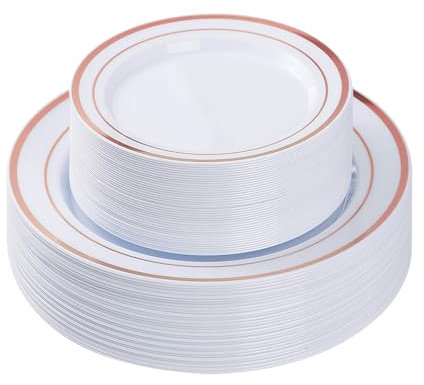 40pcs assiettes en plastique réutilisables 26cm grande assiette en plastique noir et 19cm petite assiette à dessert avec bord doré/argenté/or rose convient pour le mariage vaisselle de fête(or rose)