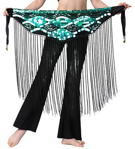 HEARTTOUCH Damen Bauchtanz Hüfttuch Rock mit Fransen Wickelgürtel Hoch Taille Rumba Chacha Quaste Tanzrock Meerjungfrau Quastenrock Hüftschal Karneval Tanzbekleidung (Grün,One Size)